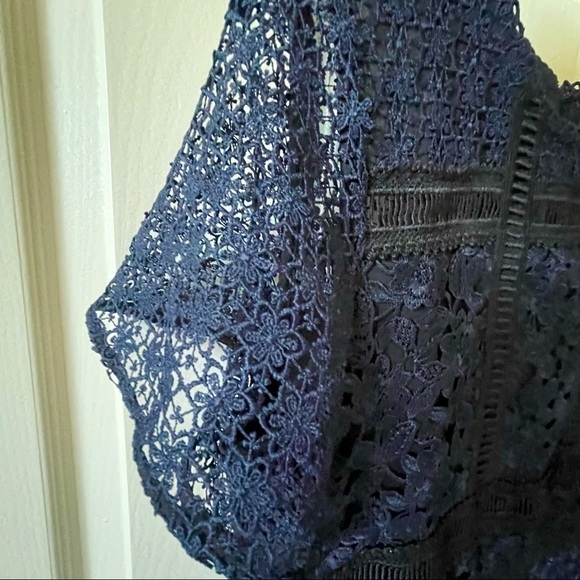 Ann Taylor Lace Embroidered Midi Dress Short Sleeve Round Neck Navy Blue Size 8 - Picture 7 of 16